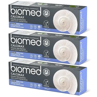 Abbildung von BIOMED Calcimax Zahnpasta 3 x 100 g, stärkt und stellt den Zahnschmelz wieder her, schützt vor Karies, reinigt sanft, beruhigt Zahnfleisch Empfindlichkeit, frei von Fluorid, SLS, PEG, Saccharin