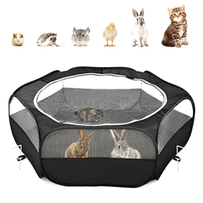 Abbildung von Pawaboo Kleintiere Freigehege, Wasserdicht Faltbar Kaninchen Freilaufgehege für Hasen Hühner Kätzchen Welpen Hamster, Visuell Laufstall mit Netz Reißverschluss und Nylonboden Schwarz
