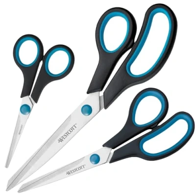 Abbildung von Westcott Easy Grip Scheren 3 Stück 3er Set Universalscheren mit Komfort Griff Extrascharfe &amp; langlebige Edelstahlklinge Schere für Basteln, Haushalt, Schule Büro N 90027 00