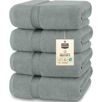 Abbildung von Utopia Towels 4er Pack Badetücher Set Premium 100% ringgesponnene Baumwolle 69 x 137 cm Handtücher, sehr saugfähig, weiches Gefühl Duschtücher (Kühles Grau)