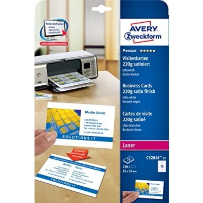 Abbildung von AVERY Zweckform C32016 25 Premium Visitenkarten, blanko (250 Stück, 220g, 85x54 mm, beidseitig bedruckbar, satiniert ultraweiß, absolut glatte Kanten, Blatt) zum Selbstbedrucken auf Laser Druckern