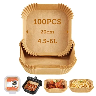 Abbildung von Cosori Backpapier für Heißluftfritteuse XXL 4 7,3 L, 100 Stück 20 cm, ungebleichtes Airfryer zubehör, antihaftbeschichtete Einwegschalen, Pergamentpapier, kompatibel mit gängigen Heißluftfritteusen