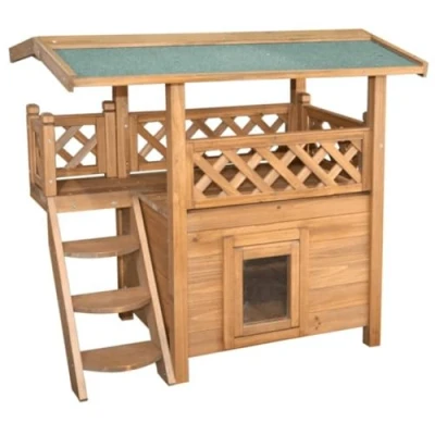 Abbildung von Kerbl Pet Katzenhaus „Lodge“ aus lasiertem Holz, 2 Etagen, Sonnenterasse / Unterschlupf, Wetterfest, 77 x 50 73 cm
