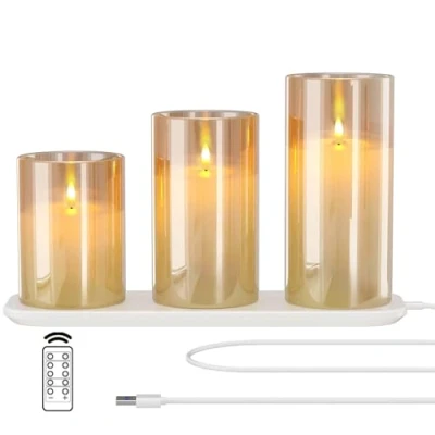 Abbildung von EXTSUD Led Flammenlose Kerzen Flackern mit Ladestation und Fernbedienung,3er Set aus Glas Wiederaufladbare Flamme Kerzenlicht timerfunktion Romantische Teelichter Deko Wohnzimmer Gelb