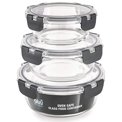 Abbildung von Igluu Meal Prep Container aus Glas 3er Set Runde Glasbehälter in Verschiedenen Größen Lunch Box Zur Aufbewahrung von Essen für Gefrierschrank, Mikrowelle &amp; Ofen BPA frei Spülmaschinengeeignet