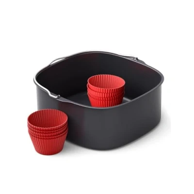 Abbildung von Philips Airfryer Zubehör Backset XXL, antihaftbeschichtetes Backblech, mit 9 Silikonmuffinformen, spülmaschinenfest, Rezept App, schwarz (HD9957/00)