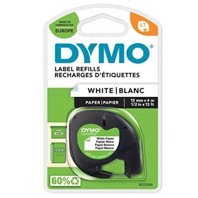 Abbildung von DYMO Original LetraTag Papier Etikettenband schwarz auf weiß 12 mm x 4 m selbstklebendes Schriftband für Beschriftungsgerät