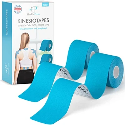 Abbildung von Health Press® Kinesiotapes 2 Kinesiologie Tape Rollen Blau + (5cm x 5m) Kinesiotape Profi Physio und Sporttape Hautfreundliche Tapes DERMATEST: SEHR GUT