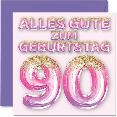 Abbildung von Stuff4 90. Geburtstagskarte für Frauen Rosa Lila Glitzerballons Alles Gute zum Geburtstagskarten 90 Jährige Frau Mama Urgroßmutter Oma, 145mm Neunzig Neunzigster Geburtstag Grußkarten