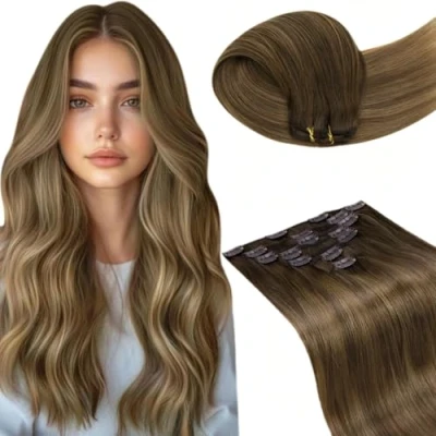 Abbildung von LaaVoo Clip in Extensions Echthaar Balayage Braun Hellbraun Ombre Dunkelgoldblond Clips Glatt #6/8/14 35cm 105g 7Stück
