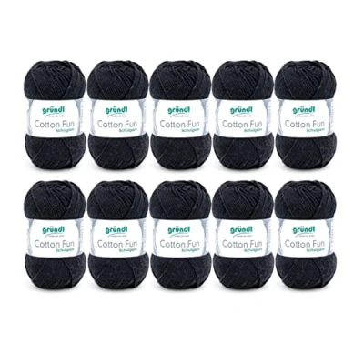 Abbildung von Gründl Cotton Fun Strickgarn/ Häkelgarn (weiches Garn aus 100% Baumwolle , OEKO TEX zertifiziert, 50 g/115 m, Nadelstärke: 3 4, 10 Knäuel á g), Schwarz, 27.00 x 11.00 07.00 cm