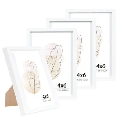 Abbildung von KAIWIN Bilderrahmen für Wand und Schreibtisch, Weiß, 10 x 15 cm, 4 Stück，4x6 inch Holzrrahmen zum aufhängen aufstellen Benutzt Wohnzimmer, Schlafzimmer, Arbeitszimmer