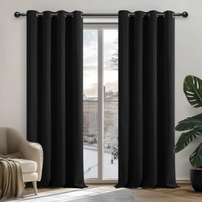 Abbildung von Deconovo Verdunkelungsvorhang mit Ösen Fenster Jugendzimmer Blickdicht Winter Hitzeschutz, 242x132cm(HöhexBreite), Schwarz, 2er Set