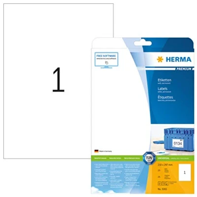 Abbildung von HERMA 5065 Universal Etiketten, 25 Blatt, 210 x 297 mm, 1 pro A4 Bogen, Stück, selbstklebend, bedruckbar, matt, blanko Papier Klebeetiketten Aufkleber, weiß