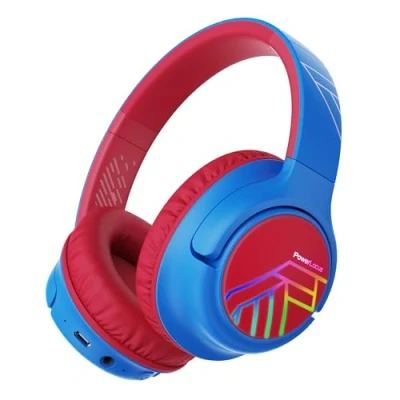 Abbildung von PowerLocus Bobo Bluetooth Kopfhörer Kinder, Kinderkopfhörer Over Ear mit 74/85/94dB Lautstärkebegrenzung, LED Leuchten, Kabellos &amp; Aux Kabel Faltbare Mikrofon für Handy/Tablet/Reisen