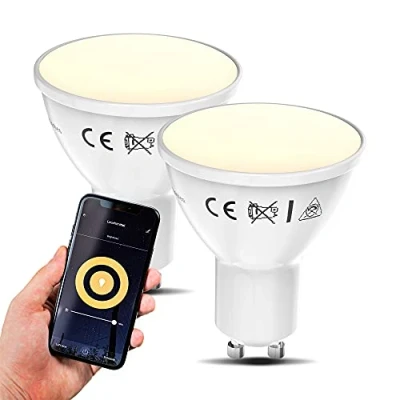 Abbildung von B.K.Licht 2er Set smart Home LED Lampe GU10 via App und Sprachsteuerung, warmweiße Lichtfarbe, 5,5 Watt, 350 Lumen, Glühbirne, Leuchtmittel, Birne, Glühlampen, 5x5,6 cm, Weiß