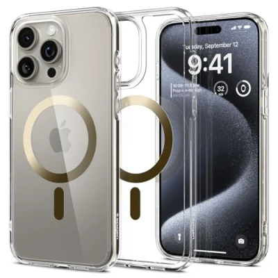 Abbildung von Spigen für iPhone 15 Pro Ultra Hybrid MagFit Hülle [Anti Yellowing] Case Handyhülle Transparent Dünn Slim Kompatibel mit MagSafe Gold