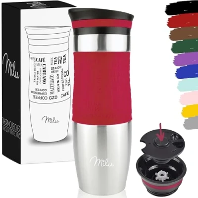 Abbildung von Milu Thermobecher 370ml 450ml Isolierbecher Kaffeebecher to go 100% Auslaufsicher Trinkbecher aus Edelstahl Autobecher doppelwand Isolierung Thermo Becher Travel Mug (Rot, 450ml)