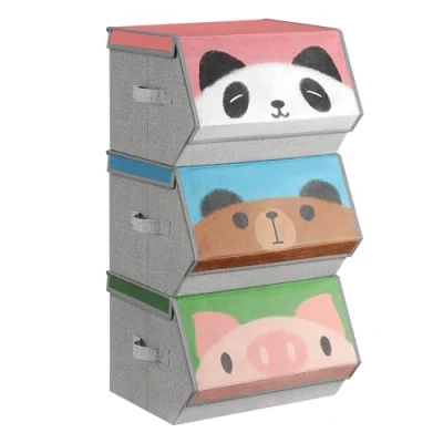 Abbildung von SONGMICS Aufbewahrungsboxen, 3er Set, Faltboxen, Stoffboxen mit Griffen, Organizer, magnetischer Deckel, für Kinderzimmer, Spielzimmer, Tier Motive, rosa, blau, grün und grau RFB760P02