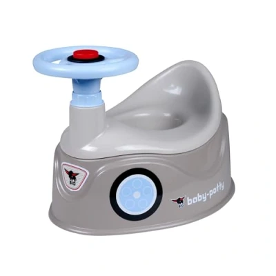 Abbildung von BIG Baby Potty grau Lerntöpfchen im Bobby Car Design mit abnehmbarem Lenkrad und hoher Rückenlehne, herausnehmbarer Einsatz, für Kinder ab 18 Monaten