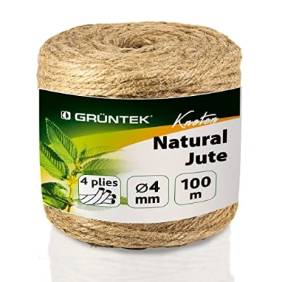 Abbildung von GRÜNTEK Garten Juteschnur 4 mm Dicke, Bindegarn, Gartenschnur, Bastelschnur Kordel Rolle mit 100 m, 100% Jutegarn Naturfarbe, zum Geschenke verpacken, Pflanzen binden, Basteln, Handwerken