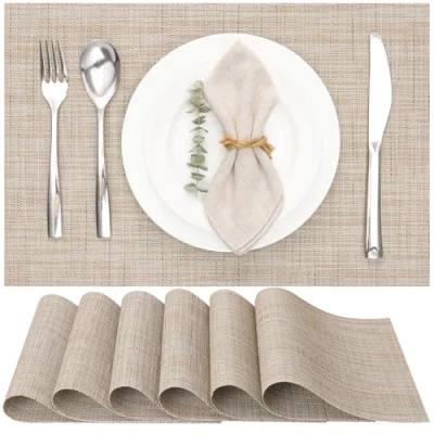 Abbildung von Myir JUN Tischsets Abwaschbar 6er Set, Gewebte Platzdeckchen rutschfest Abgrifffeste Hitzebeständig, Vinyl Platzsets für küche Speisetisch Hotel, Platz Matten 30x45cm (Gelb)