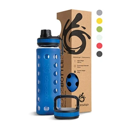 Abbildung von hydro2go® Trinkflasche aus Glas mit Silikonhülle 550 ml spülmaschinenfest 2 auswechselbare Deckel 100% Auslaufsicher BPA frei Glasflasche für Kinder, Büro, Fitness, Yoga, Sport &amp; Outdoor