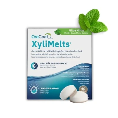 Abbildung von OraCoat XyliMelts 40 Haft Tabletten gegen Karies und Mundtrockenheit Diskret Im Schlaf verwendbar VEGAN [Milde Minze]