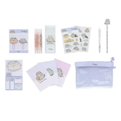Abbildung von Schreibwaren Set Pusheen Cat Kugelschreiber Bleistift mit Radiergummi Federmäppchen Groß Büroklammern 4 Textmarker Notizzettel Klebend Fanartikel Kawaii Schulsachen