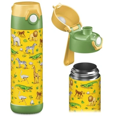 Abbildung von Jarlson® Trinkflasche Kinder MALI Thermo Edelstahl Wasserflasche BPA frei auslaufsicher Kinderflasche mit Chug Deckel Flasche für Schule, Kindergarten 350ml (Safari, 500 ml)