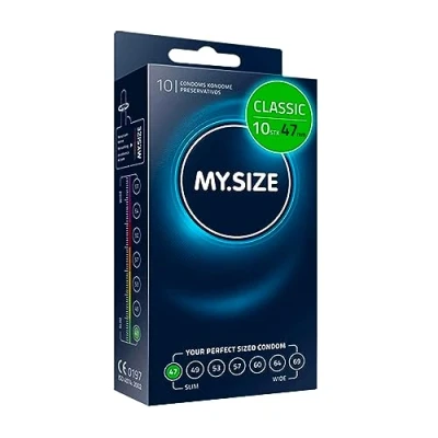 Abbildung von MY.SIZE Classic Kondome Größe 1 I 47 mm Breite 10 Stück Standardpackung Premium extra dünn gefühlsecht hauchzart dünne 0,07 Wandstärke vegan Condoms for men