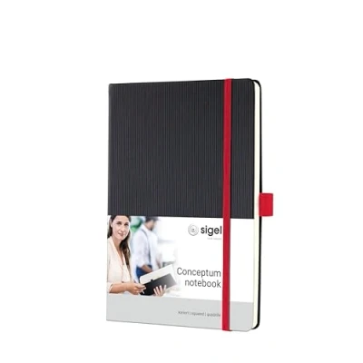 Abbildung von SIGEL CO662 Premium Notizbuch kariert, A5, Hardcover, schwarz, rot, aus nachhaltigem Papier Conceptum mit Seitenzahlen, Inhaltsverzeichnis, Stiftschlaufe, Falttasche