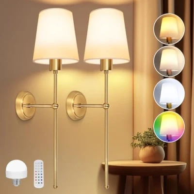 Abbildung von Ketom 2 Stück LED Wandleuchte Innen Akku Gold, E27 Batteriebetriebene Wandlampe, Dimmbare mit Fernbedienung, Wandleuchten Vintage Weißem Stoffschirm, für Schlafzimmer Wohnzimmer Flur