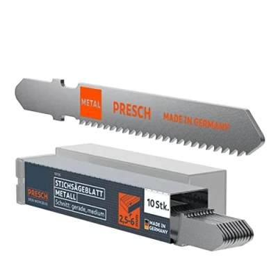 Abbildung von Presch Stichsägeblätter Metall 10 Stk. (Medium Schnitt) Präzise Schnitte in mittelstarke Bleche (2,5 6mm) Profi Stichsägeblatt Set T Schaft für jede Stichsäge Sägeblätter