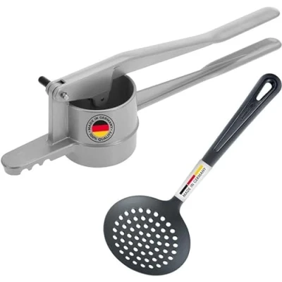 Abbildung von Westmark Spätzle Set, 2tlg., 1 /Kartoffelpresse mit runder Lochung, Spätzlepresse + Schöpflöffel, Gentle, Aluminiumdruckguss/PA, Silber/Schwarz, 611022E8
