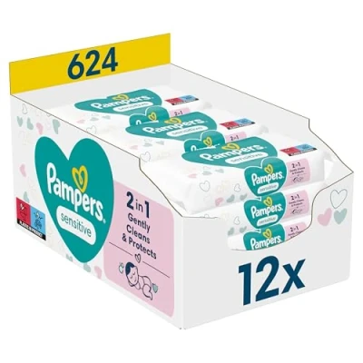 Abbildung von Pampers Sensitive Feuchttücher 12 Packungen mit 52 Stück 624 Feuchttücher, ohne Duft, für eine sanfte und weiche Reinigung