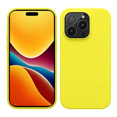 Abbildung von kwmobile Hülle für das iPhone 14 Pro dünnes Silikon Handy Case stoßfeste Handyhülle mit weicher Oberfläche unterstützt kabelloses Laden Zitronengelb
