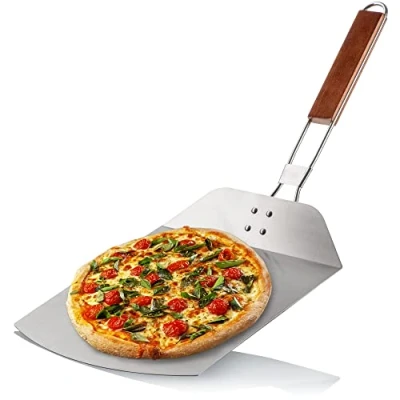 Abbildung von com four® Pizzaschaufel aus rostfreiem Edelstahl 430 Pizza und Kuchenheber mit Holzgriff Pizzaschieber für Pizza, Flammkuchen, Brötchen Brot klappbarer Griff (silberfarben/braun eckig)