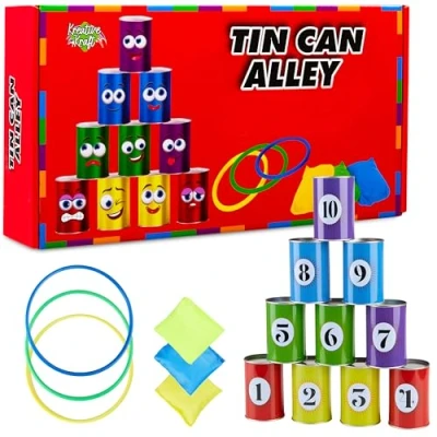Abbildung von KreativeKraft Outdoor Spiele für Kinder Set Kindergeburtstag Draußen Party Wurfspiele Gartenspiele Eierlauf Spiel Sackhüpfen Ringe (Tin Can Alley)