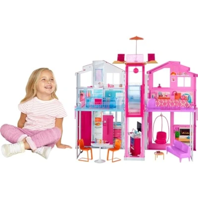 Abbildung von Barbie Haus Traumvilla, Stadthaus mit 3 Etagen und 5 Zimmern, inkl. Zubehör wie Möbel, faltbar aufbewahrbar, Spielzeug ab Jahren, DLY32