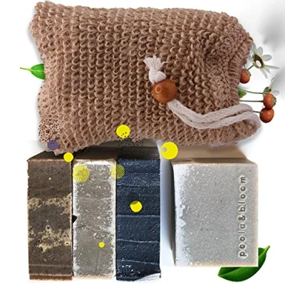 Abbildung von Handgemachte Naturseife im Sisal Seifenbeutel 4er Set Duschseife für Männer Feste Kernseife inkl. Seifensäckchen Festes Duschgel die Körperpflege