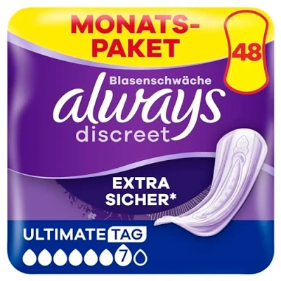 Abbildung von Always Discreet Inkontinenzeinlagen Ultimate Day, 48 Binden (4 x 12 Stück) für Damen, Monatspaket, starker Schutz bei Blasenschwäche, den Sie kaum spüren