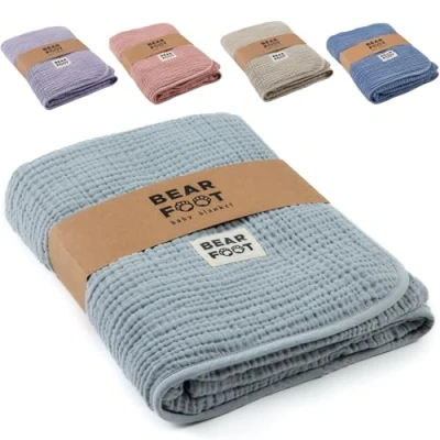 Abbildung von BEARFOOT Babydecke Musselin Fleecedecke (Baumwolle, Fleece) flauschig weiche Kuscheldecke, Baby/Neugeborene/Kinder Geschenk Junge &amp; Mädchen zur Geburt (Cloud Grey)