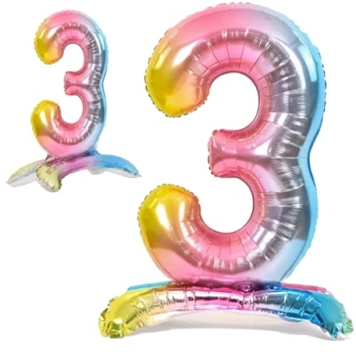 Abbildung von Luftballon 3. Geburtstag Zahl 3 Mehrfarbig Pastell Stehende XXL Riesen Folienballon 82cm Geburtstagsdeko Ballon Deko zum Geburtstag.