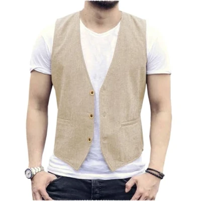 Abbildung von AeoTeokey Herren Sommer Leinenweste Anzug Weste Casual Regular Fit(Champagner,3XL)