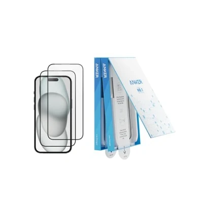Abbildung von Anker Displayschutzfolie, blasen und staubfreies HD Panzerglas, Schutzfolie für iPhone, langlebig sturzsicher mit 9H Härte, einfache Installation, exklusiv iPhone 15 Plus (2er Pack)