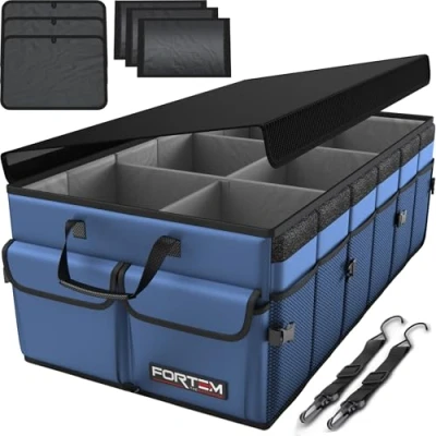 Abbildung von FORTEM Kofferraum Organizer, Kofferraumtasche, Zusammenklappbarer Auto Organizer mit Fächern, Rutschfester Boden, Verstellbare Sicherungsriemen, Klappbarer Deckel (Blau, Größe XL)