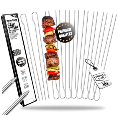 Abbildung von com four® 10x Grillspieße mit Griff 30 cm BBQ Doppelspieß aus rostfreiem Edelstahl 430 Schaschlikspiesse Doppelzinken zum Fixieren von Fleisch, Fisch, Gemüse (10 Stück oval)