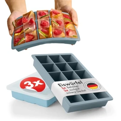 Abbildung von Blumtal Eiswürfelformen Silikon 3er Set 15er Eiswürfelform mit Deckel BPA freie Ice Cube Tray lebensmittelecht Graublau + Hellblau