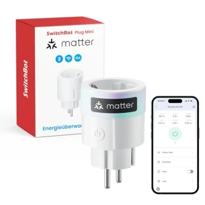 Abbildung von SwitchBot Plug Mini Matter fähig mit Leistungsüberwachung, WLAN &amp; Bluetooth Steuerung, kompatibel Alexa, Google Home, SmartThings und Home Assistant, Sprachsteuerung Remote App Zugriff, 16A